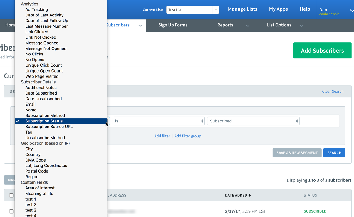 The reorganized list of search fields
